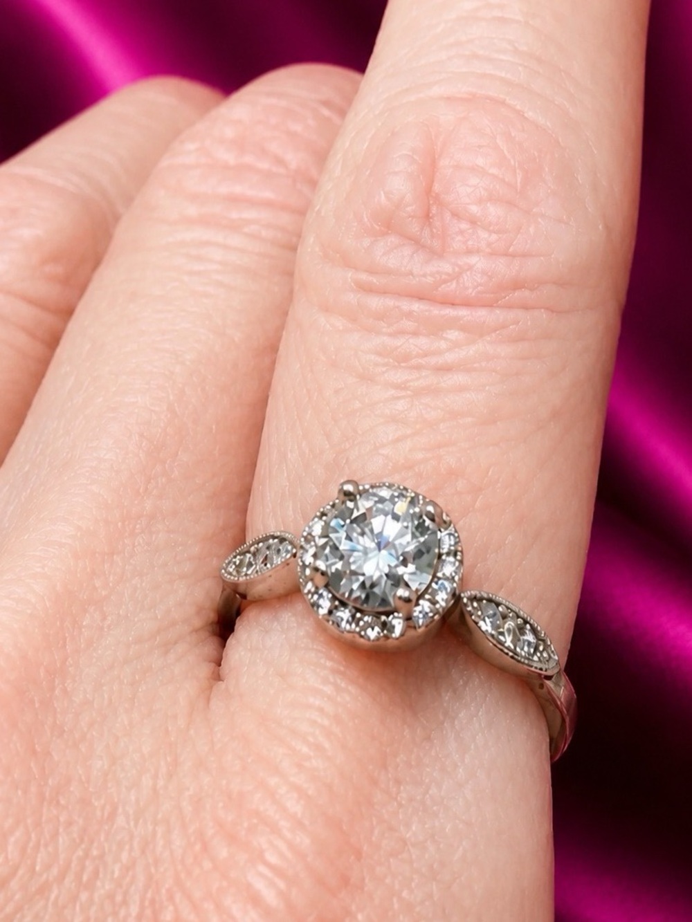 AAA 6mm Moissanite Solitaire with Moissanite Halo and Sides. Rhodium over S925.